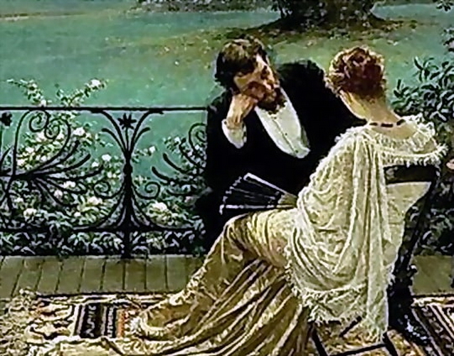 A Hot Love Story Lady Chatterly's Lover 43 A romanitc couple in discussion in the garden with pretty white flowers.